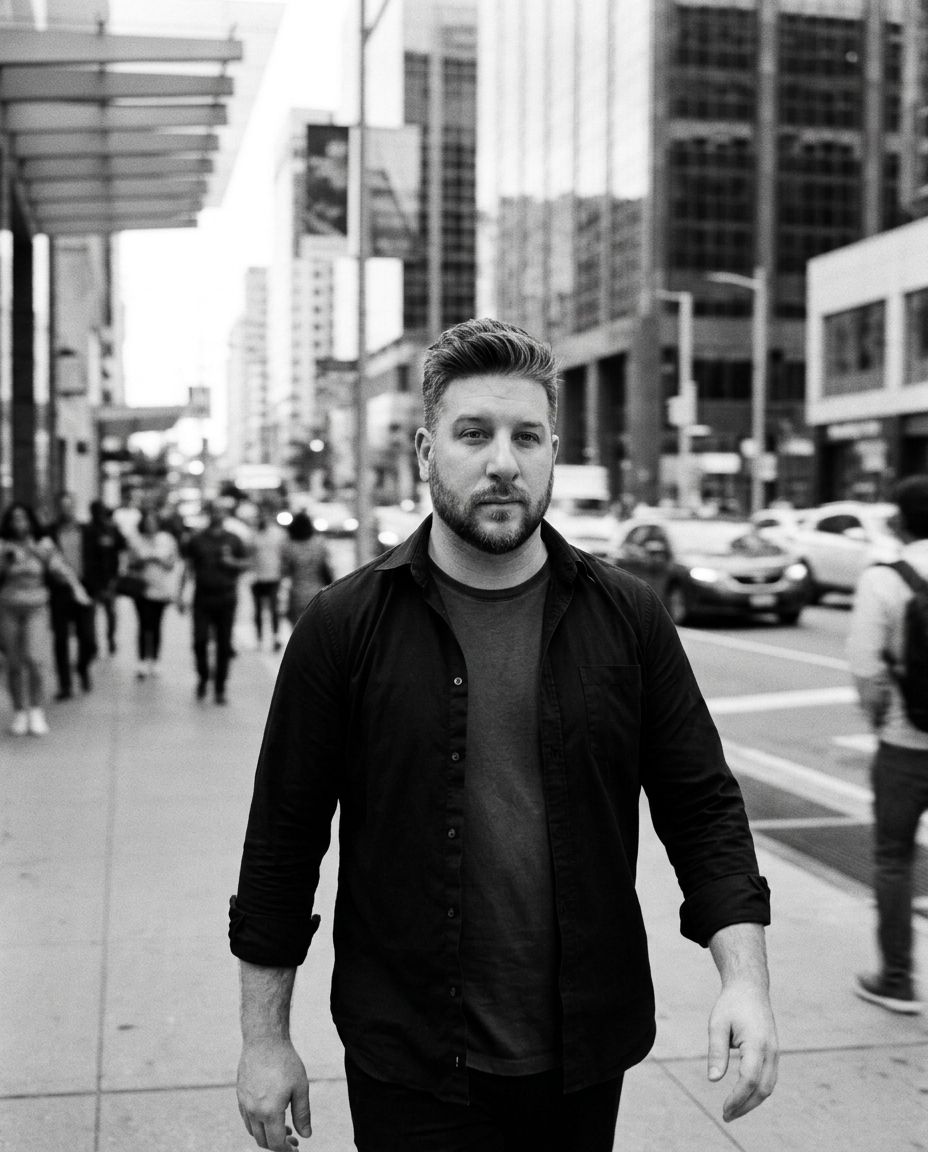Ryan Victor Mark walking through the city