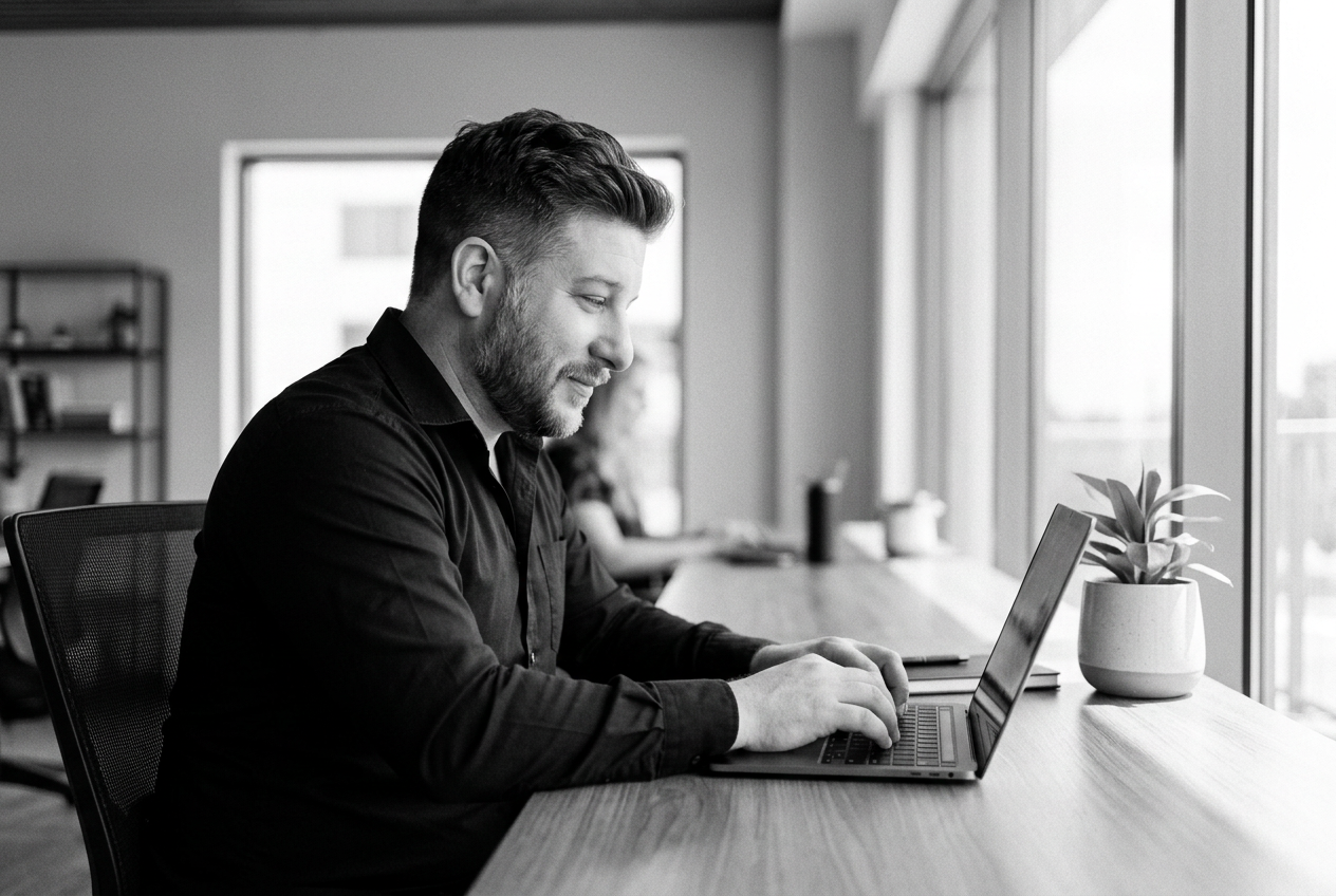 Ryan Victor Mark working from a modern minimal workspace